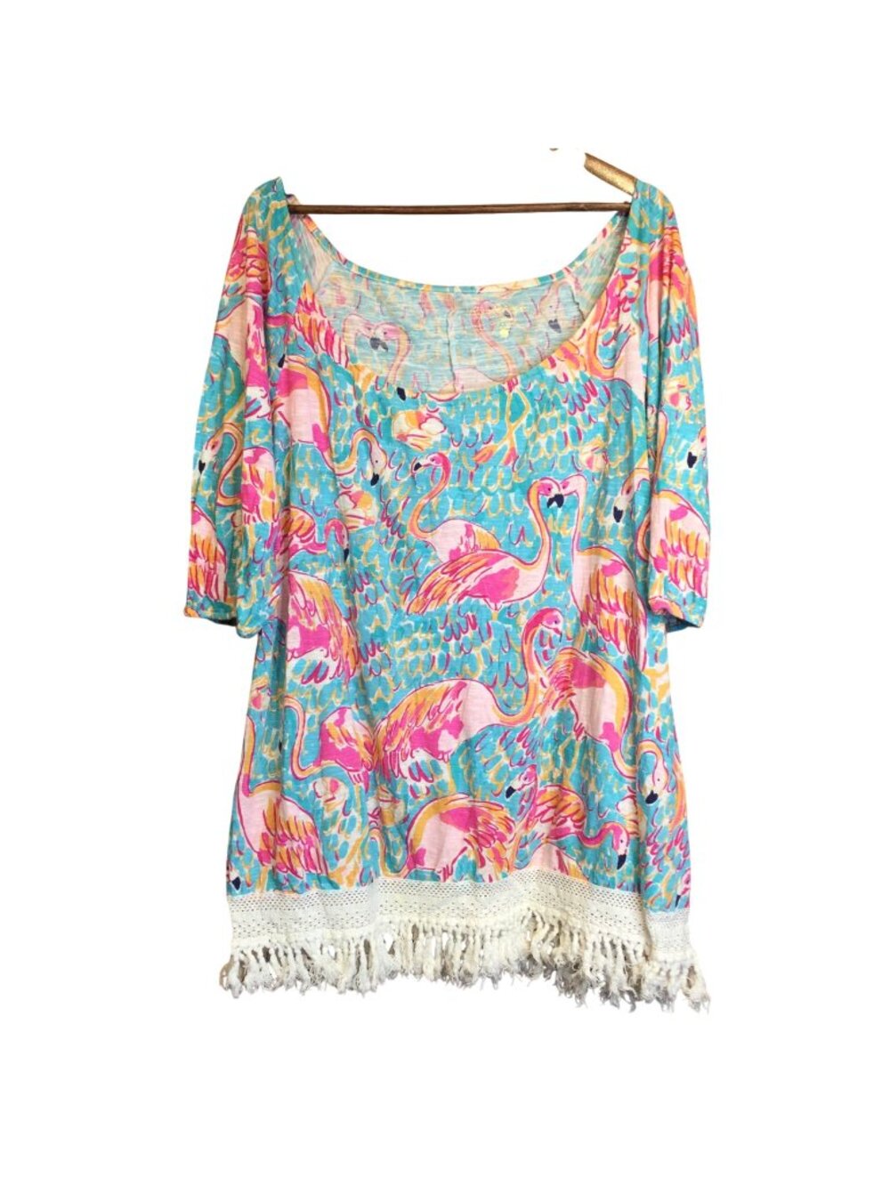 Lilly Pulitzer Flamingo Print Tunic Dress Size L Tassel Hem Beach Coastal Resort